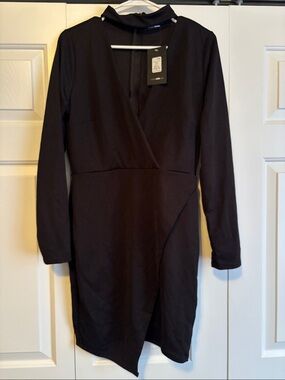 Fashion Nova Black Long Sleeve Wrap Dress with Mock Neck